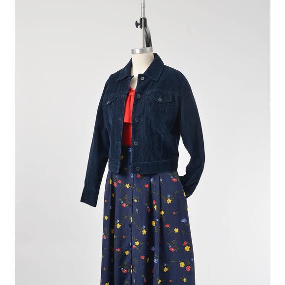 Vintage 90s Bill Blass Navy Corduroy Collared Button Down Cropped Jacket S - Picture 4 of 8